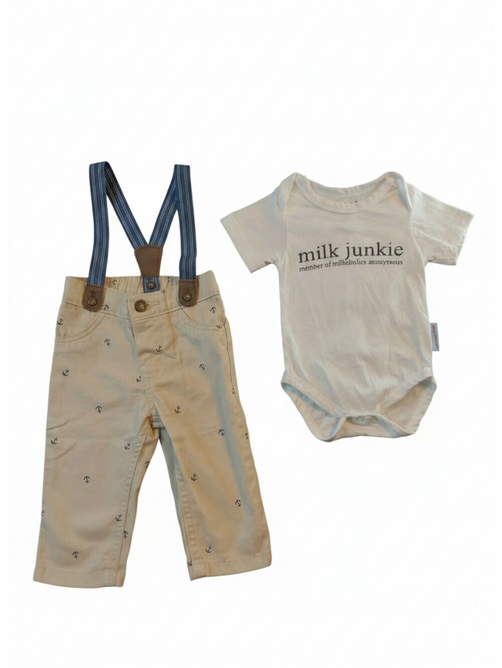 🔥5/$25🔥Milk Junkie Graphic Onesie & Anchor Print Suspenders Pants Set 3-6M